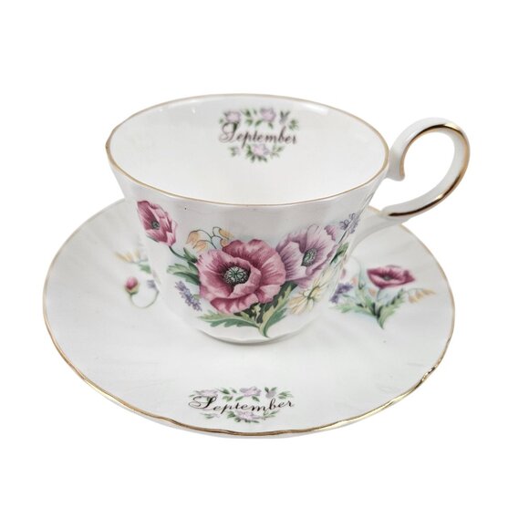 Staffordshire Collection Teacup Saucer Set September Floral Bone China England - Picture 1 of 10